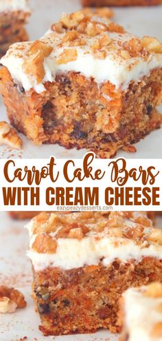 carrot cake bars with cream cheese frosting and walnuts on top are shown in the foreground