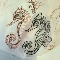 two seahorses sitting on top of a piece of paper next to each other