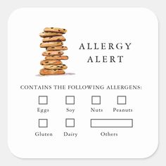 a stack of cookies with the words allergy alert written on it in black and white