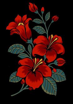 a bouquet of red flowers with green leaves on a black background in the style of an old school tattoo