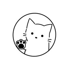 a black and white drawing of a cat with its paw in a circle on a white background