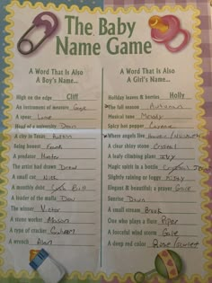 a baby name game with scissors and other items