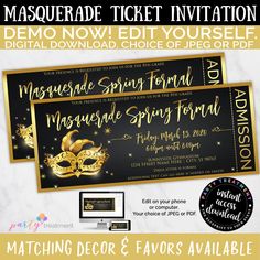 two tickets for masqueradee and favors with gold foil on the front, black background