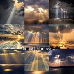 the sun shining through clouds over water and land with caption that reads crepusular rays