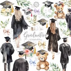 watercolor graduation cap, gown, and teddy bear clipart for personal use on white paper