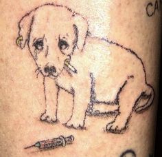 a dog with a pencil in its mouth and some writing on it's leg