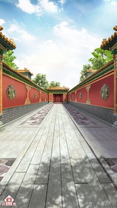 an image of a long walkway with red walls