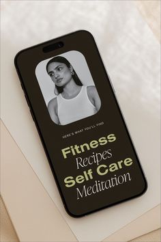 a cell phone case with the words fitness recipes self care meditation on it next to an envelope