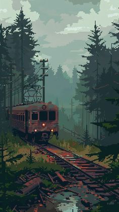 a red train traveling through a forest filled with tall pine trees on top of a lush green hillside