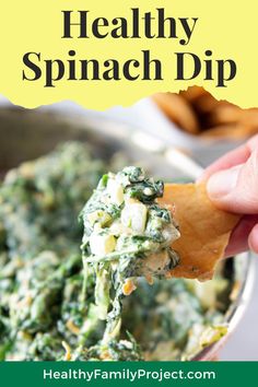 Healthy Spinach Dip in a skillet Spinach Dip Recipe Healthy, Heart Healthy Dips, Protein Spinach Dip, Healthy Dip For Veggies, Healthy Dips And Appetizers, Healthy Chip Dip, Fresh Spinach Dip, Appetizer Dips Cold