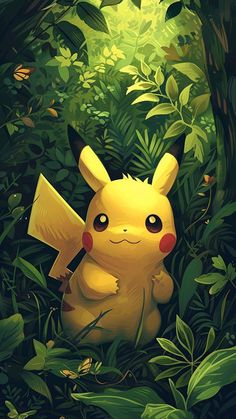 a painting of a pikachu in the forest