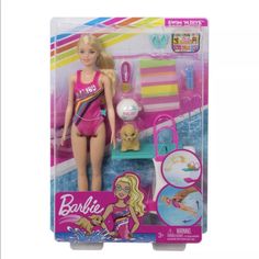 the barbie doll is wearing a pink bathing suit and swimming gear with accessories for her