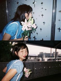 two pictures of a woman holding flowers in her hand