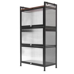 a black metal and mesh storage unit with three shelves on each side, one is open