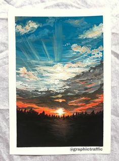 a painting of the sun setting over some trees