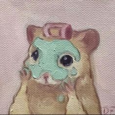 a painting of a hamster wearing a tiara and holding a donut in its mouth