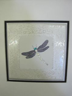 a dragonfly is mounted on the wall in a black and white frame with pearls