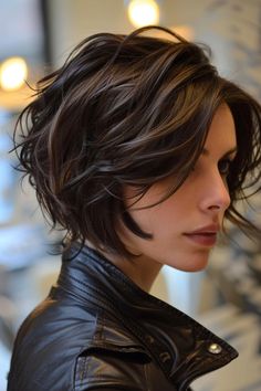 Woman with wavy short hair in a leather jacket looking to the side. Pixy Bob, Medium Hair Length Cuts, Short Hairstyle Women Round Face, Feminine Short Hair, Modern Bob Hairstyles, Modern Bob, Messy Short Hair, Edgy Short Hair, Bob Hairstyles For Fine Hair