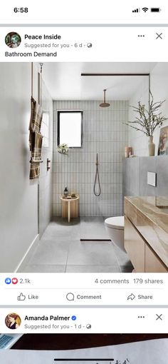 the bathroom is decorated with white tile and wood accents, along with an open shower