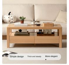 a coffee table with books and plants on it in front of a white couch next to a potted plant