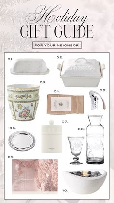 the holiday gift guide for your neighbor is shown in white and pink with snowflakes