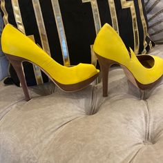 Brown And Yellow Leather Sexy High Heel Shoes. Never Worn And Prices To Sell. A Super Steal !!! Neon Yellow Pointed Toe Heels For Party, Shoes Yellow, Yellow Leather, Yellow And Brown, Heel Shoes, High Heel Shoes, Shoes Women Heels, High Heel, Shoes Heels