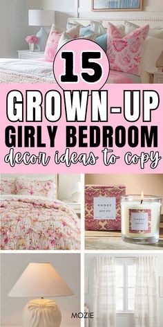 a bedroom with pink and white decor in it