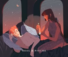 an illustration of two women in bed with the caption eros & psyche