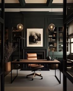 an office with dark green walls and leather chair in front of a wooden desk surrounded by bookshelves