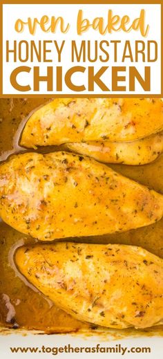 baked honey mustard chicken in a pan with text overlay