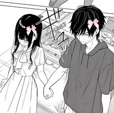 two anime characters are standing in front of a food stand and one is holding the hand of another character