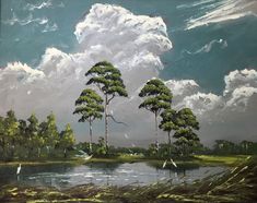 an oil painting of trees and clouds in the sky over a lake with birds on it