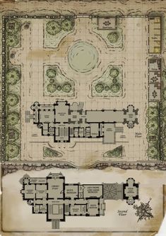 the plan and section of an old house with courtyards, trees, and landscaping