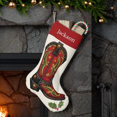 Personalized Cowboy Boots Christmas Stocking Real Drawing, Christmas Cowboy, Personalized Stockings, Santa Gifts, Red Band, Brown Tones, Cowboy Boot, Country Western, Warm Brown