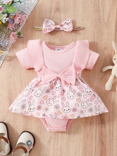 Color: Pink Love Rabbit Romper, Suit Height: 9to12M Climbing Clothes, Winter Shopping, Matching Headband, Baby One Piece, Romper Dress, Little Princess, Cotton Dresses