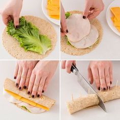 the process of making a sandwich with cheese, lettuce and meat on it