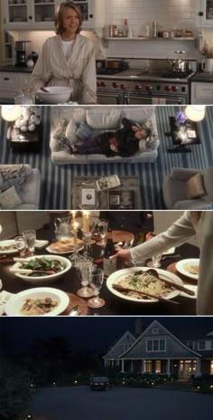 two different scenes from the same tv show, one shows a woman sitting at a table with food on it