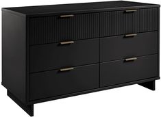 a black dresser with four drawers and two doors on each side, in front of a white background