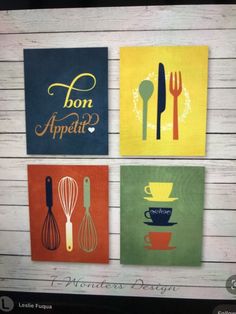 four kitchen wall art prints with the words bon appeti written on them