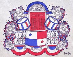 a drawing of a red, white and blue clock with flowers on it's border