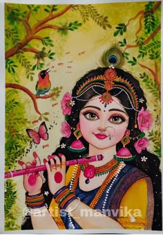 a painting of a woman holding a flute in front of a tree with birds on it