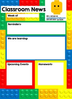 a poster with legos and the words classroom news