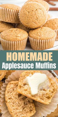 homemade applesauce muffins with cream cheese in the middle and on top