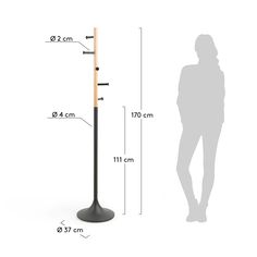 the height of a coat stand with measurements for it and an image of a person standing next to it