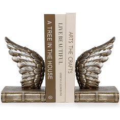 a bookend with two books on it and an angel's wings in front