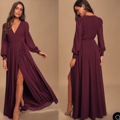 New Lulu’s My Whole Heart Plum Long Sleeve Wrap Dress Plum Color Long Sleeve Wrap Bodice Long Sheer Sleeves Covered Button Detail Along The Cuffs Woven Chiffon Self Ties Cinches Fitted Waist Wrapping Maxi Skirt Plum Bridesmaid Dresses Winter, Purple Long Sleeve Maxi Dress For Wedding, Plum Wedding Winter Guest Wrap Dress, Dark Purple Bridesmaid Dresses Long Sleeve, Purple Flowy Long Sleeve Maxi Dress, Wrap Maxi Skirt, Long Sleeve Wrap Dress, Whole Heart, Lulu Dresses