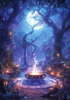 a fantasy scene with a fire pit surrounded by trees