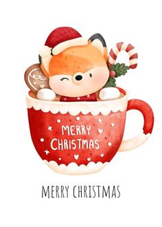 a christmas card with a fox in a cup