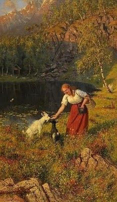 a painting of a woman with two dogs by a lake and ducks in the water