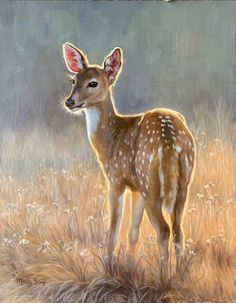 a painting of a young deer standing in the middle of a field with tall grass